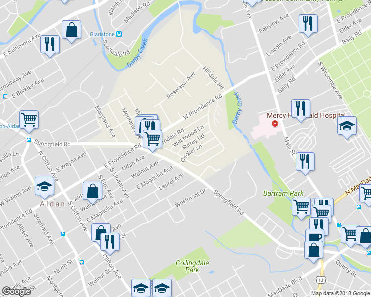 map of restaurants, bars, coffee shops, grocery stores, and more near 726 Surrey Road in Aldan