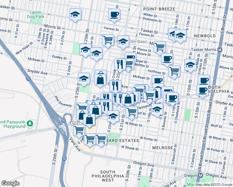 map of restaurants, bars, coffee shops, grocery stores, and more near 2139 South 22nd Street in Philadelphia