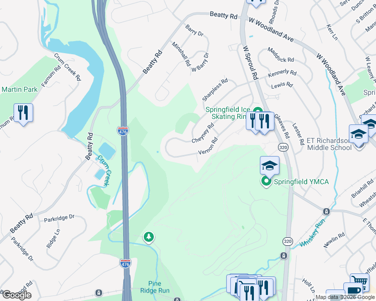 map of restaurants, bars, coffee shops, grocery stores, and more near 636 Cheyney Road in Springfield