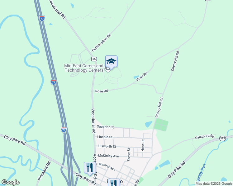 map of restaurants, bars, coffee shops, grocery stores, and more near 12101-12187 Rose Road in Senecaville