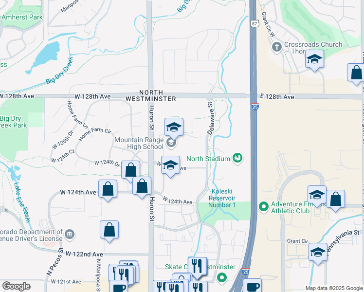 map of restaurants, bars, coffee shops, grocery stores, and more near 12500 Huron Street in Denver