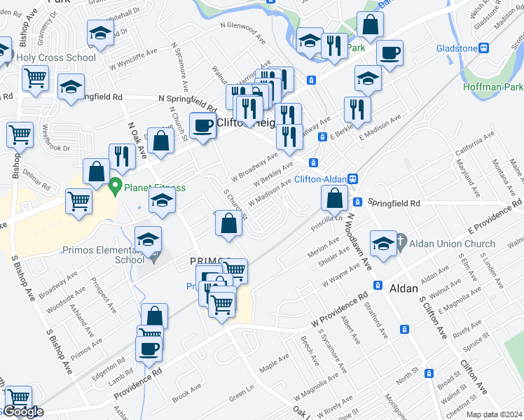 map of restaurants, bars, coffee shops, grocery stores, and more near 127 Academy Road in Clifton Heights
