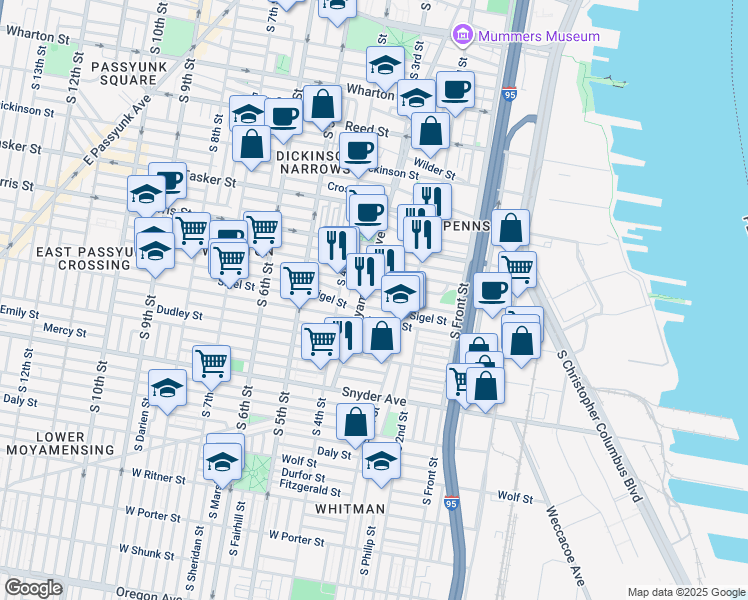 map of restaurants, bars, coffee shops, grocery stores, and more near 250 McClellan St in Philadelphia