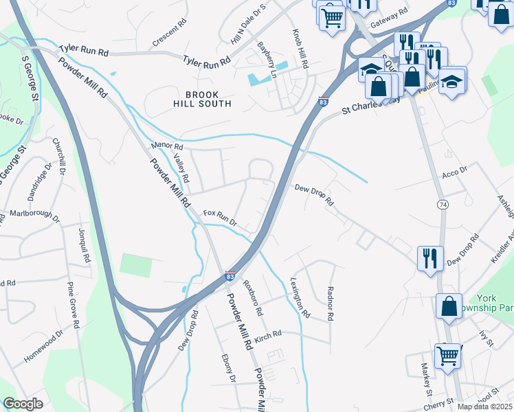 map of restaurants, bars, coffee shops, grocery stores, and more near 107 Fox Run Drive in York