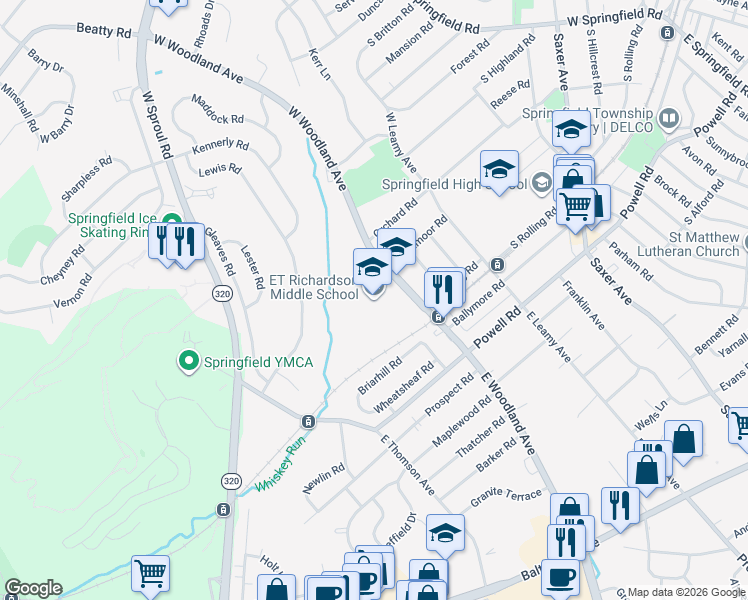 map of restaurants, bars, coffee shops, grocery stores, and more near 20 West Woodland Avenue in Springfield