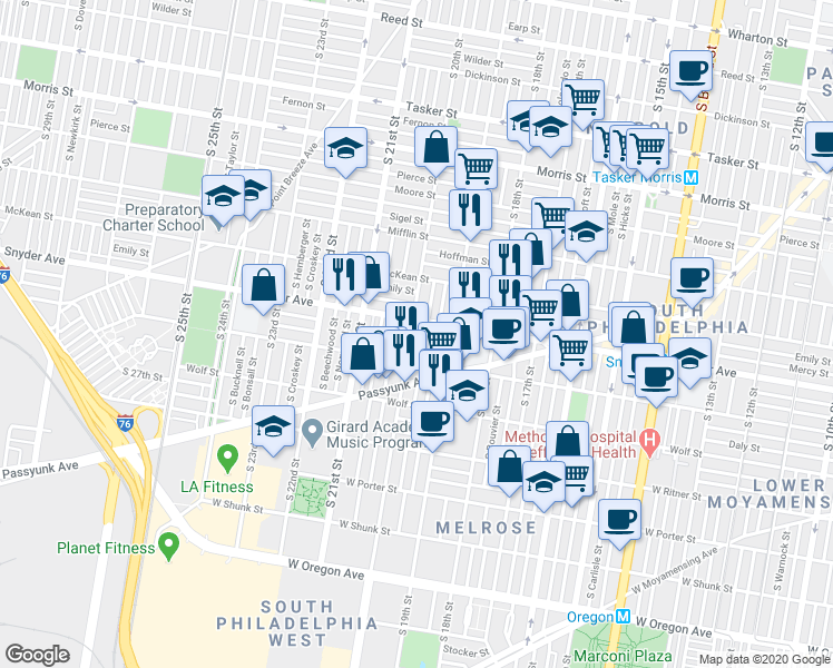 map of restaurants, bars, coffee shops, grocery stores, and more near 2113 South 20th Street in Philadelphia