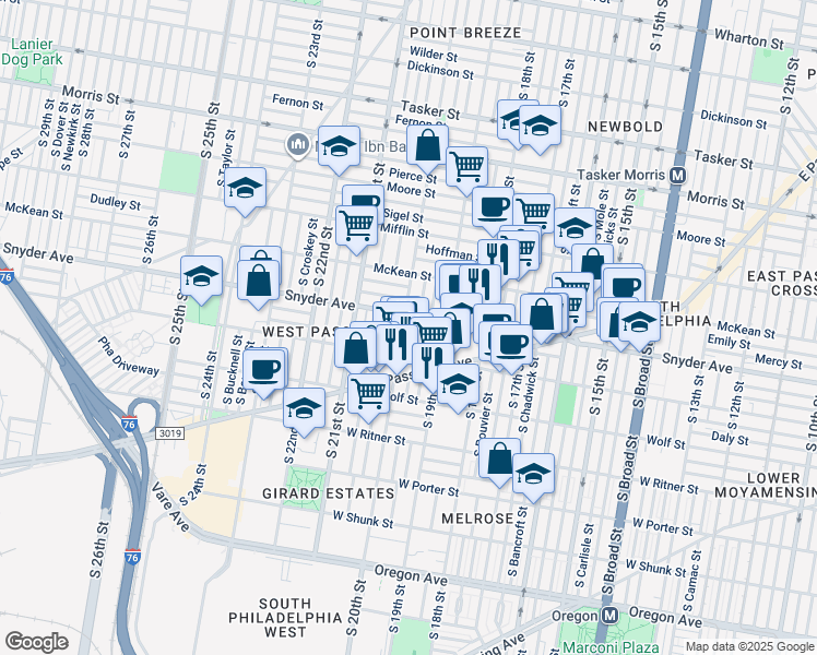 map of restaurants, bars, coffee shops, grocery stores, and more near 2113 South 20th Street in Philadelphia