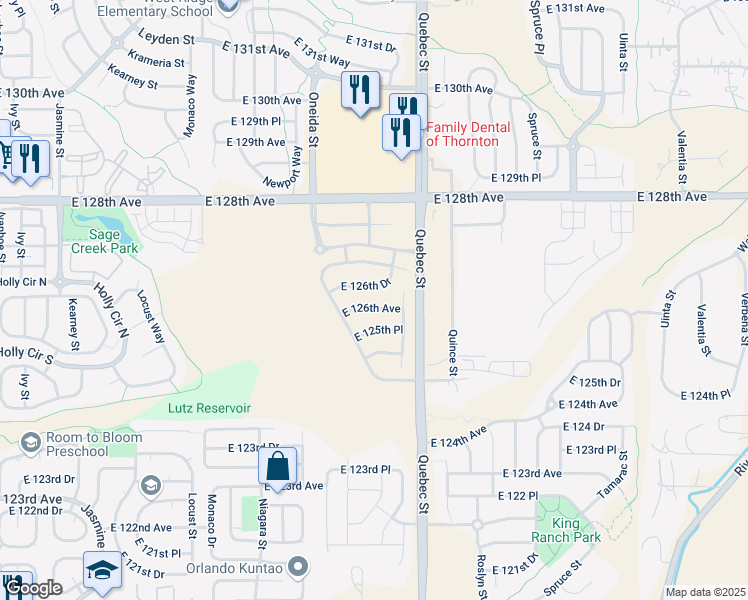 map of restaurants, bars, coffee shops, grocery stores, and more near 12501 Quebec Street in Thornton