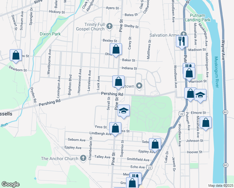 map of restaurants, bars, coffee shops, grocery stores, and more near 928 Pine Street in Zanesville