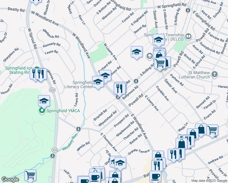 map of restaurants, bars, coffee shops, grocery stores, and more near 364 South Rolling Road in Springfield