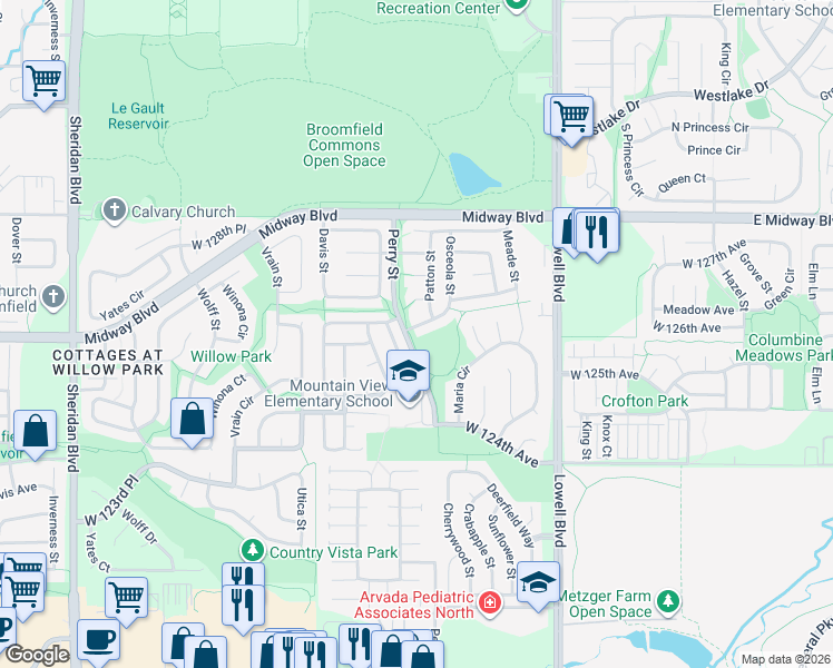 map of restaurants, bars, coffee shops, grocery stores, and more near 12590 Whippoorwill Street in Broomfield