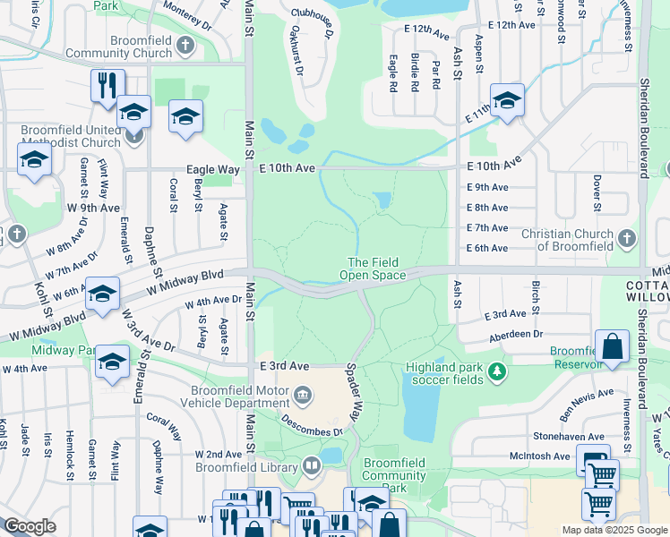 map of restaurants, bars, coffee shops, grocery stores, and more near East Midway Boulevard in Broomfield
