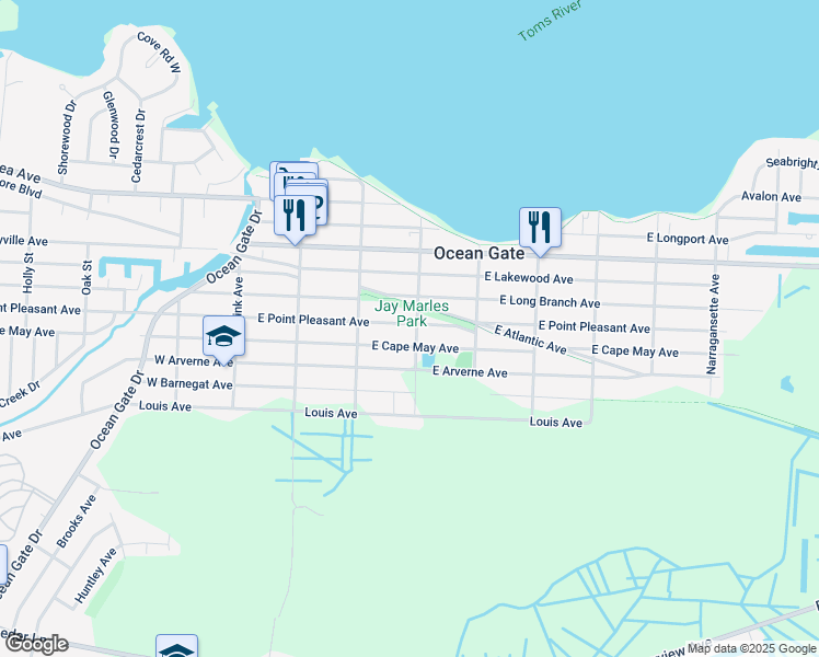 map of restaurants, bars, coffee shops, grocery stores, and more near 615 Wildwood Avenue in Ocean Gate