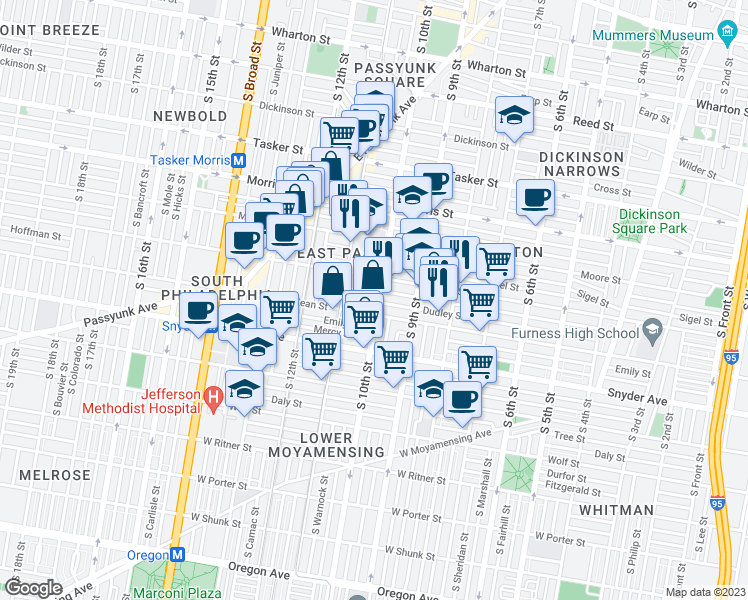 map of restaurants, bars, coffee shops, grocery stores, and more near in Philadelphia