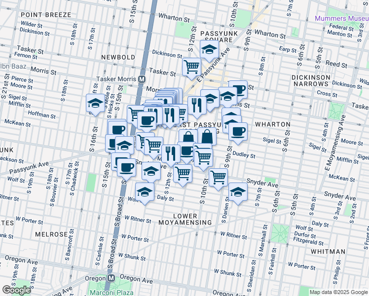 map of restaurants, bars, coffee shops, grocery stores, and more near 1927 South Sartain Street in Philadelphia