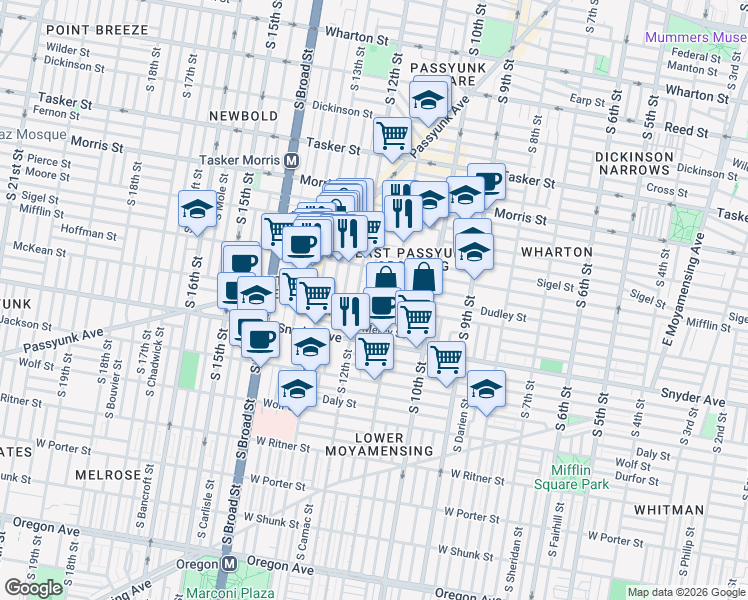 map of restaurants, bars, coffee shops, grocery stores, and more near 1927 South Sartain Street in Philadelphia
