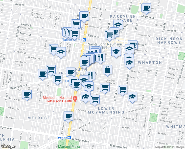 map of restaurants, bars, coffee shops, grocery stores, and more near in Philadelphia