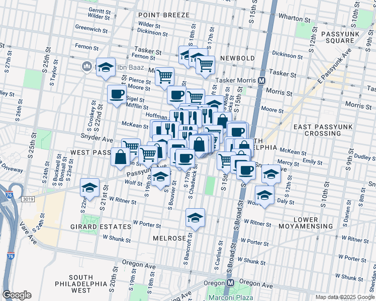map of restaurants, bars, coffee shops, grocery stores, and more near 2038 South Bouvier Street in Philadelphia
