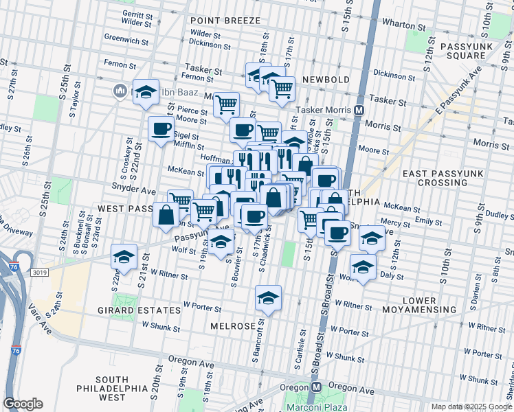 map of restaurants, bars, coffee shops, grocery stores, and more near 2038 South Bouvier Street in Philadelphia