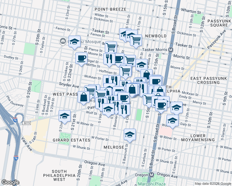map of restaurants, bars, coffee shops, grocery stores, and more near 2038 South Bouvier Street in Philadelphia
