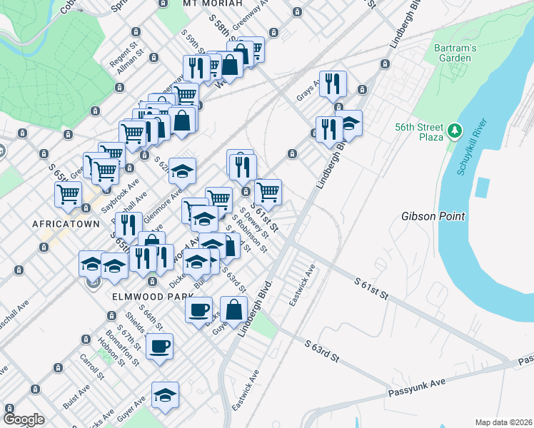 map of restaurants, bars, coffee shops, grocery stores, and more near 2544 South Millick Street in Philadelphia
