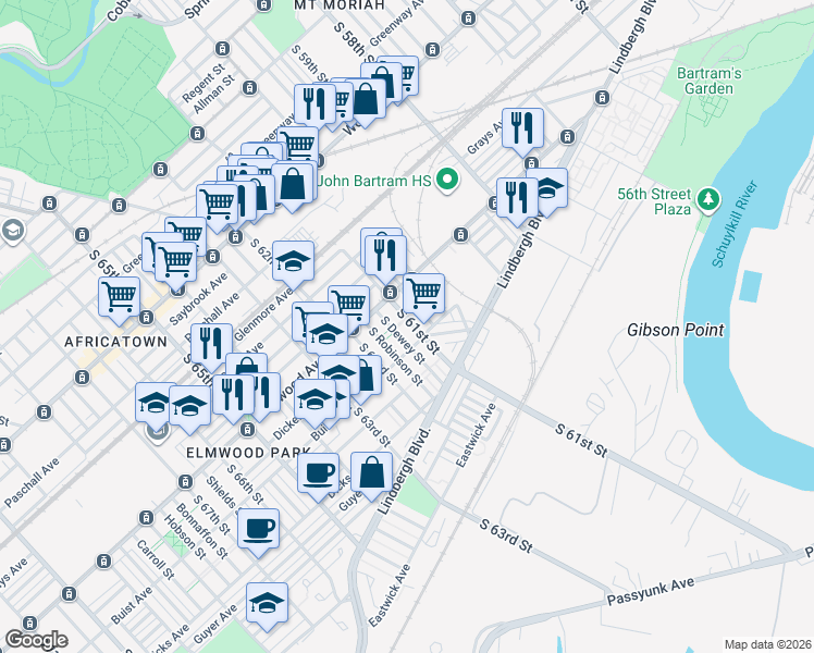 map of restaurants, bars, coffee shops, grocery stores, and more near 2544 South Millick Street in Philadelphia
