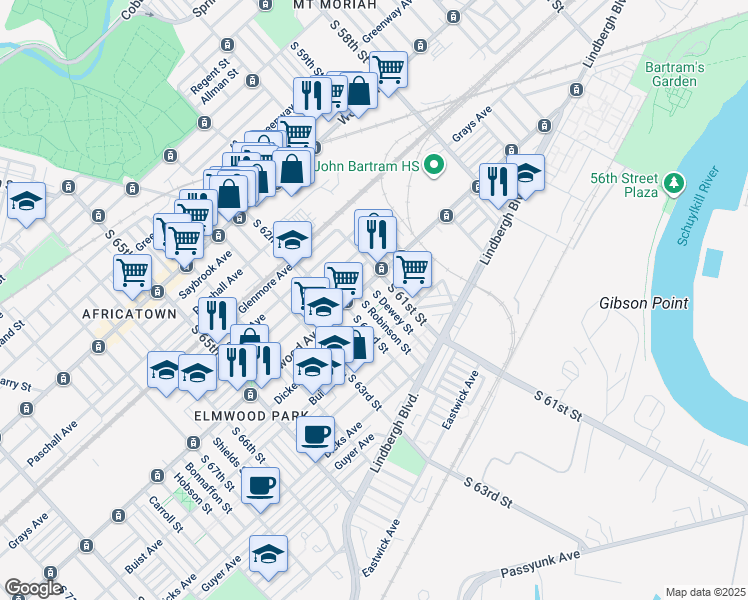 map of restaurants, bars, coffee shops, grocery stores, and more near 6053 Elmwood Avenue in Philadelphia