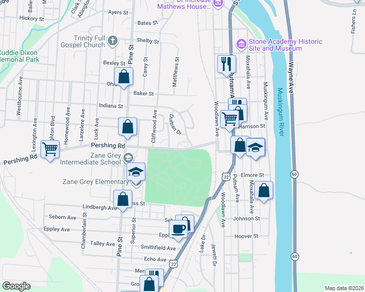 map of restaurants, bars, coffee shops, grocery stores, and more near 407 Pershing Road in Zanesville