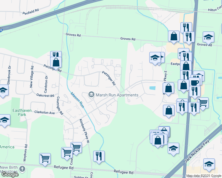 map of restaurants, bars, coffee shops, grocery stores, and more near 3798 Zephyr Place in Columbus