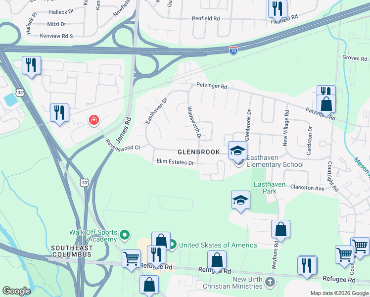 map of restaurants, bars, coffee shops, grocery stores, and more near 3069 Rotunda Court South in Columbus