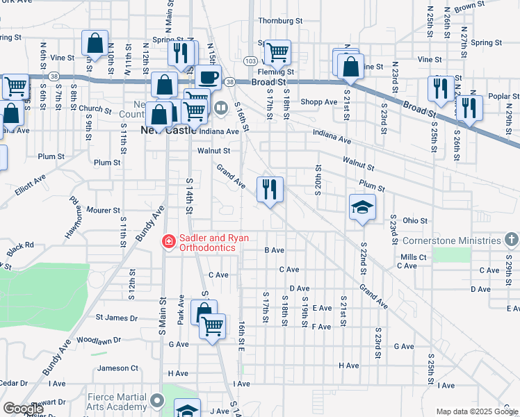 map of restaurants, bars, coffee shops, grocery stores, and more near 1631 Grand Avenue in New Castle