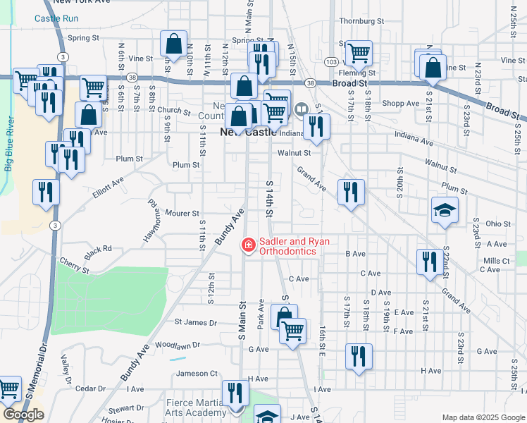 map of restaurants, bars, coffee shops, grocery stores, and more near 625 South 14th Street in New Castle
