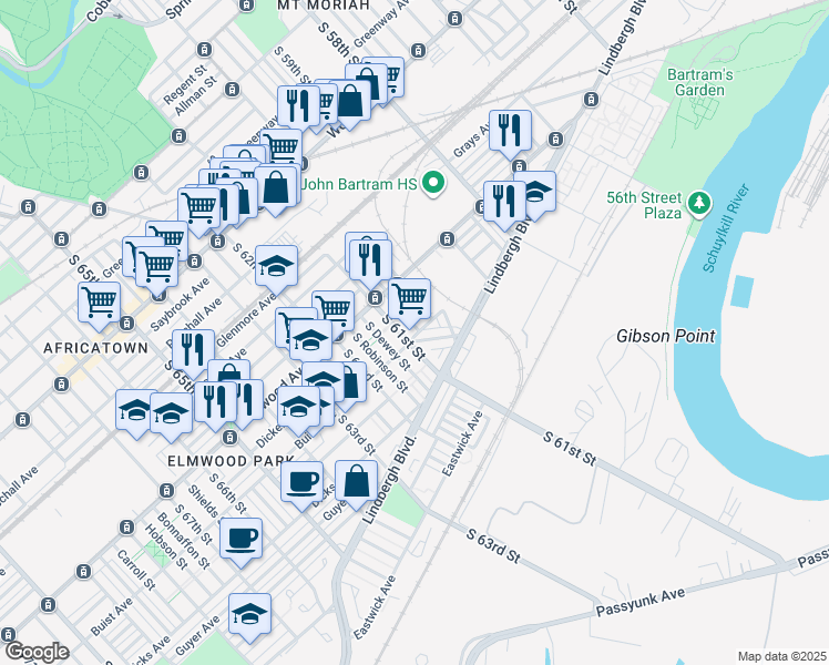 map of restaurants, bars, coffee shops, grocery stores, and more near 2544 South Millick Street in Philadelphia