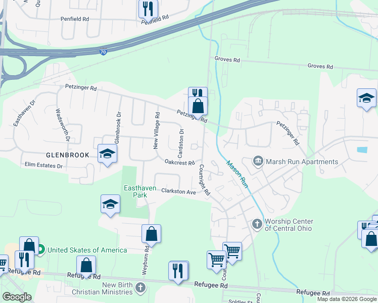 map of restaurants, bars, coffee shops, grocery stores, and more near 2282 Cardston Drive in Columbus