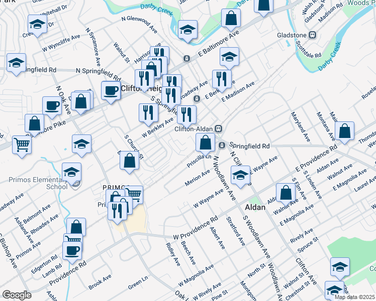 map of restaurants, bars, coffee shops, grocery stores, and more near 82 Chester Avenue in Clifton Heights