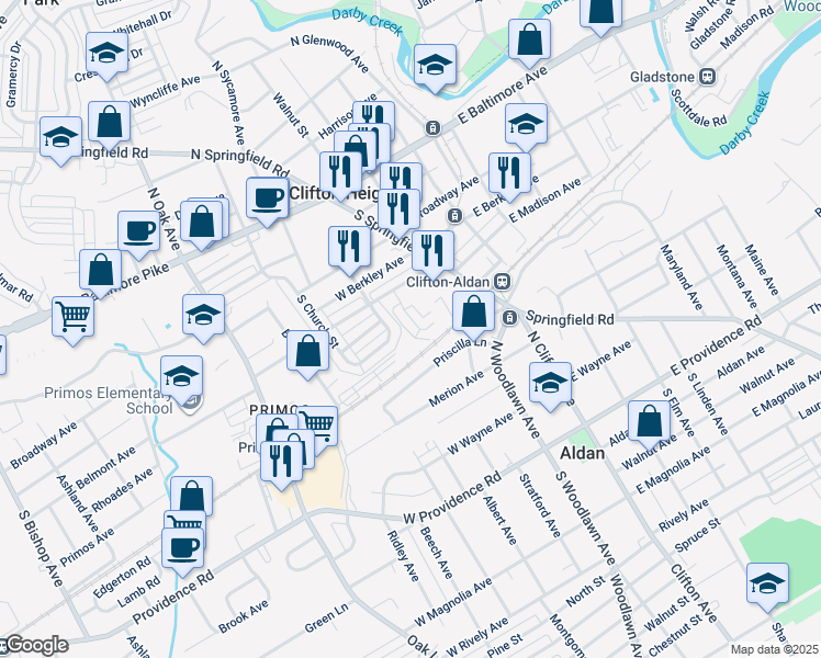 map of restaurants, bars, coffee shops, grocery stores, and more near 532 Chester Avenue in Clifton Heights