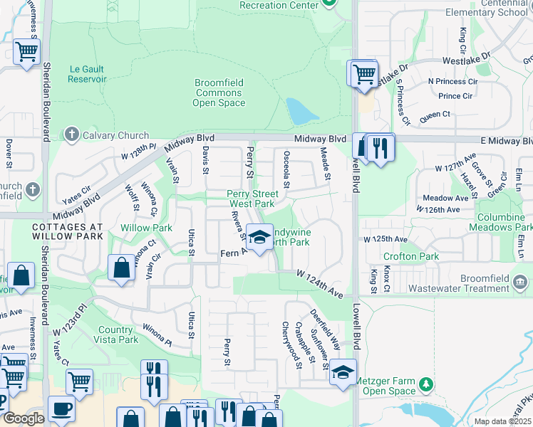 map of restaurants, bars, coffee shops, grocery stores, and more near 3958 West 126th Avenue in Broomfield