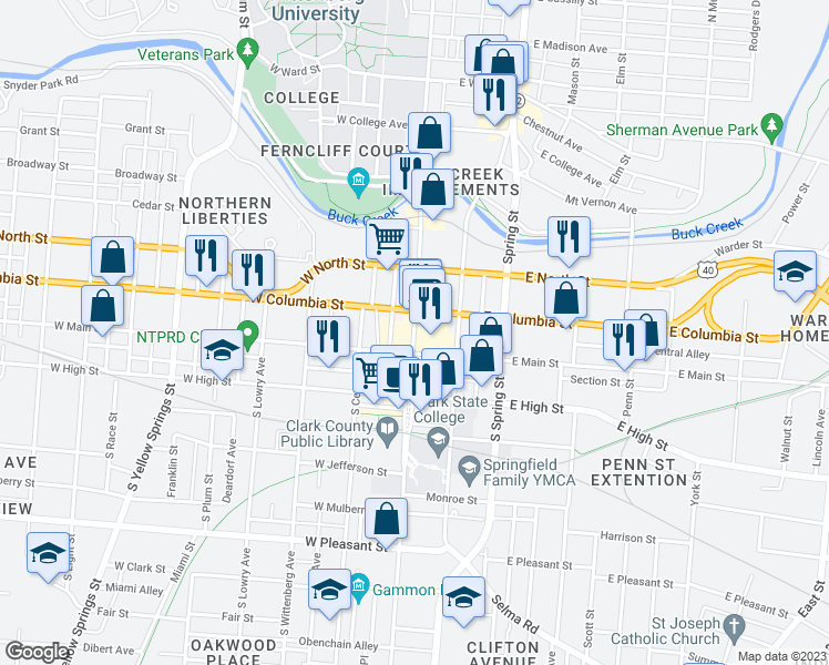 map of restaurants, bars, coffee shops, grocery stores, and more near 25 North Fountain Avenue in Springfield