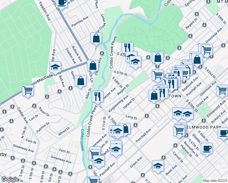 map of restaurants, bars, coffee shops, grocery stores, and more near 6836 Chester Avenue in Philadelphia