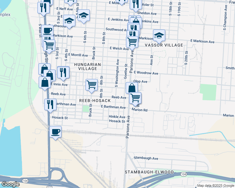 map of restaurants, bars, coffee shops, grocery stores, and more near 1846 South Washington Avenue in Columbus