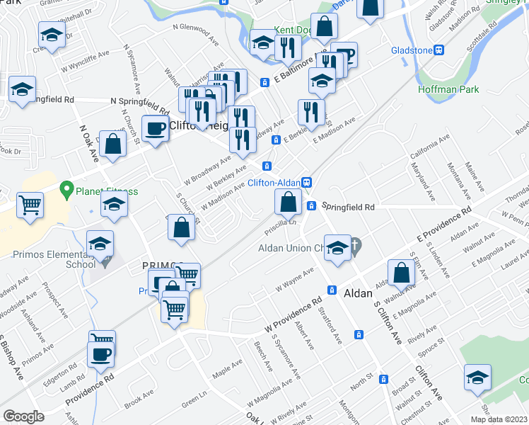 map of restaurants, bars, coffee shops, grocery stores, and more near 82 Chester Avenue in Clifton Heights
