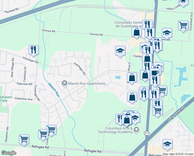 map of restaurants, bars, coffee shops, grocery stores, and more near 2461 Kimberly Parkway North in Columbus