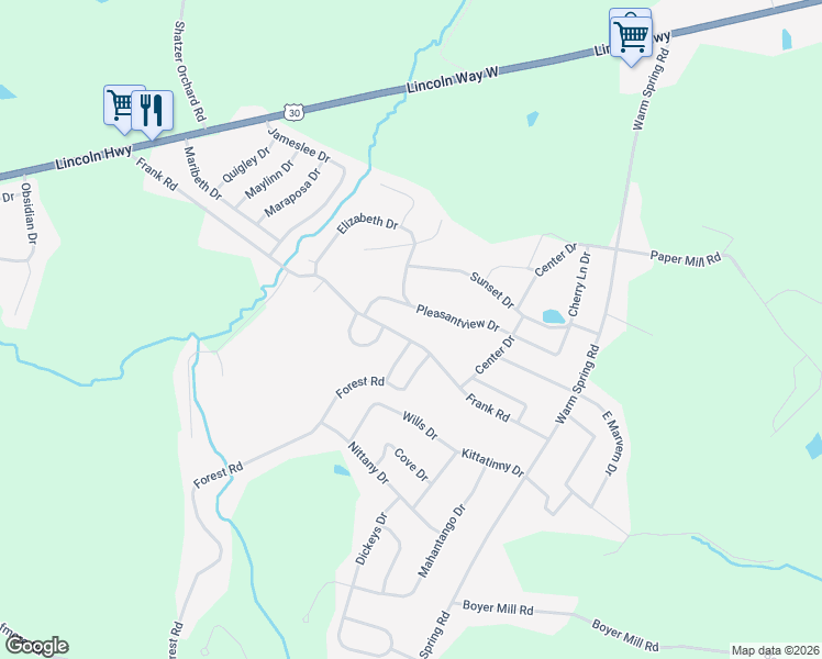 map of restaurants, bars, coffee shops, grocery stores, and more near 1512 Pleasantview Drive in Chambersburg