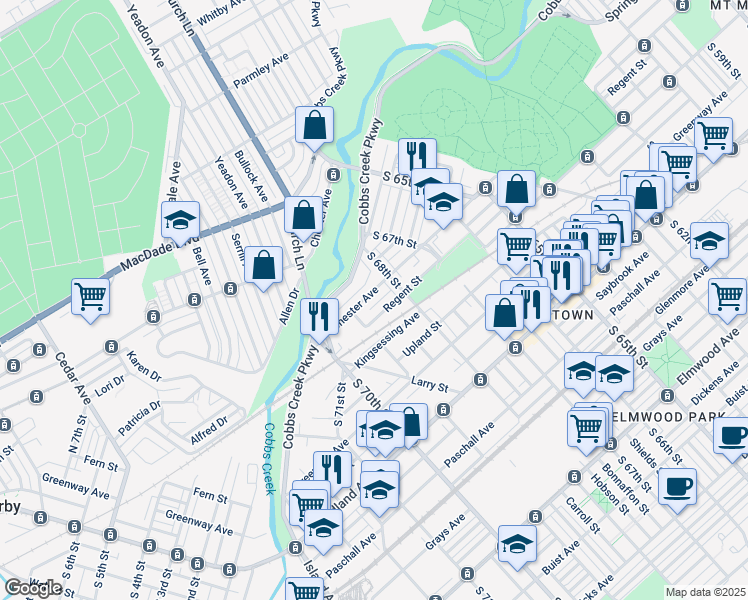 map of restaurants, bars, coffee shops, grocery stores, and more near 6836 Chester Avenue in Philadelphia