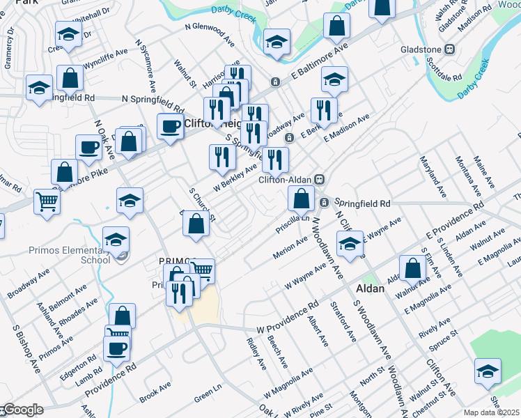 map of restaurants, bars, coffee shops, grocery stores, and more near 532 Chester Avenue in Clifton Heights