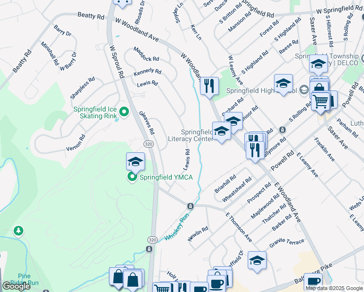 map of restaurants, bars, coffee shops, grocery stores, and more near 258 Lewis Road in Springfield