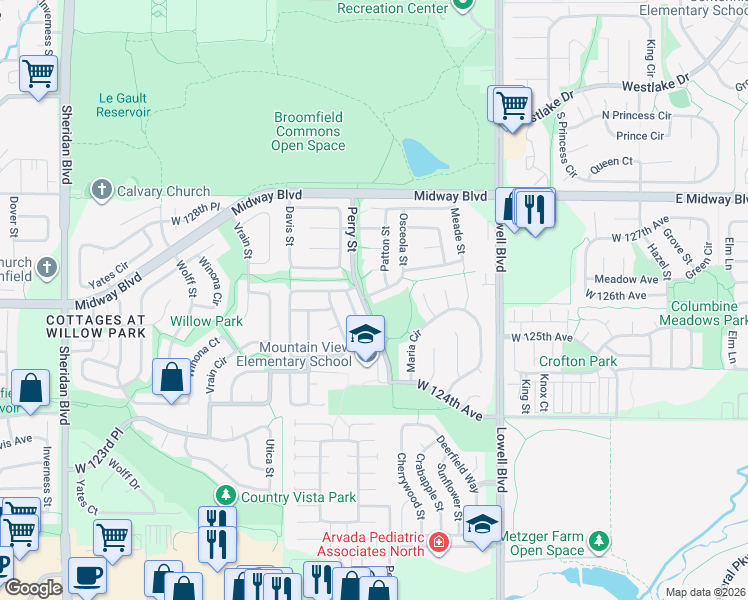 map of restaurants, bars, coffee shops, grocery stores, and more near 12590 Whippoorwill Street in Broomfield