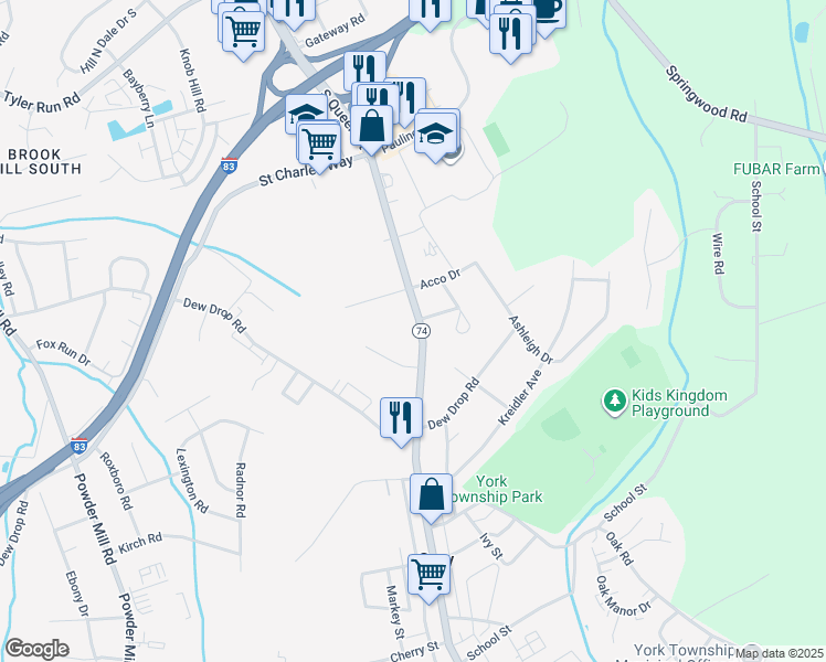 map of restaurants, bars, coffee shops, grocery stores, and more near 2230 South Queen Street in York