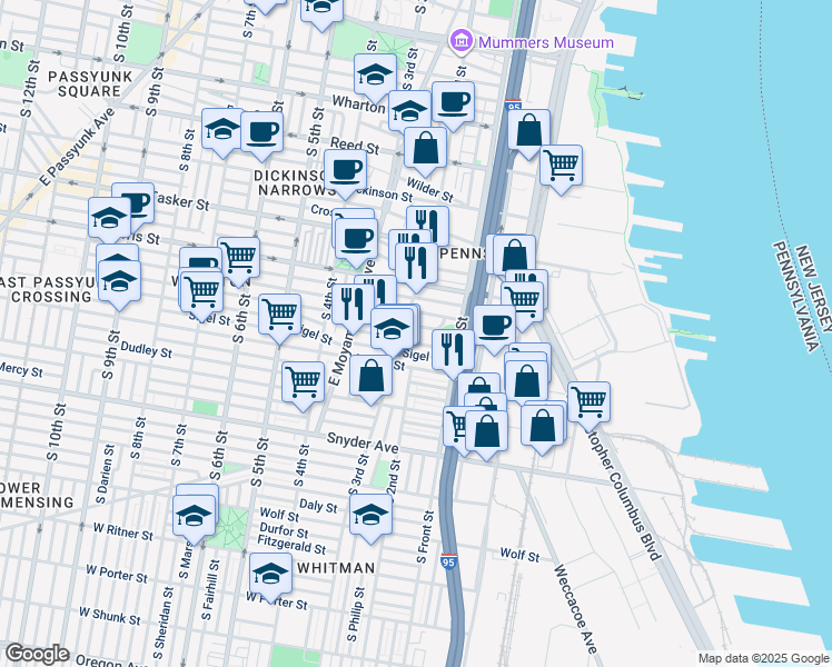 map of restaurants, bars, coffee shops, grocery stores, and more near 154 Moore Street in Philadelphia