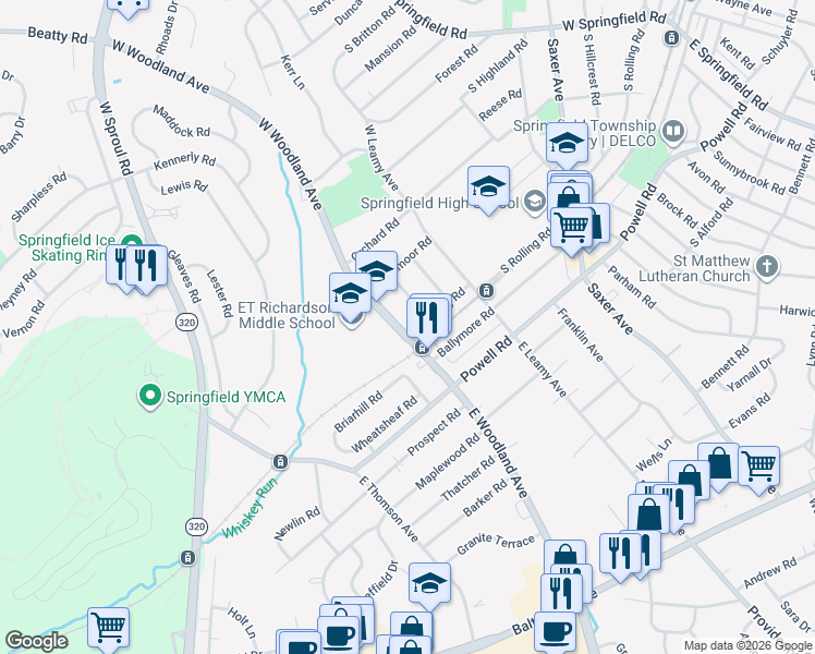 map of restaurants, bars, coffee shops, grocery stores, and more near 23 West Woodland Avenue in Springfield